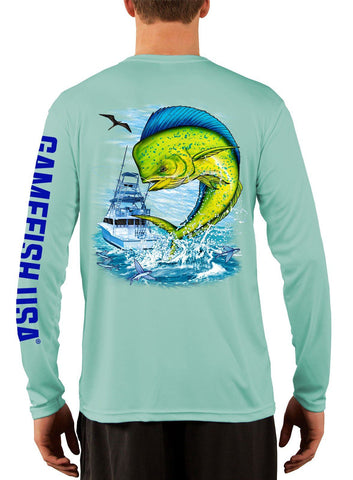 Image of Men's UPF 50 Long Sleeve Microfiber Moisture Wicking Performance Fishing Shirt Mahi