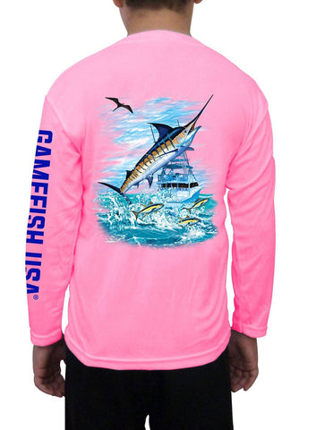 Image of Kid's UPF 50 Long Sleeve Microfiber Moisture Wicking Performance Fishing Shirt Marlin - Gamefish USA