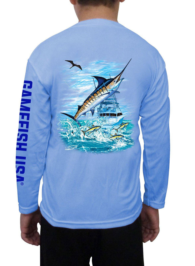 Kid's UPF 50 Long Sleeve Microfiber Moisture Wicking Performance Fishing Shirt Marlin - Gamefish USA