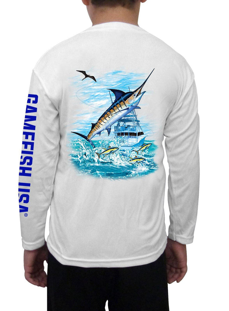 Kid's UPF 50 Long Sleeve Microfiber Moisture Wicking Performance Fishing Shirt Marlin - Gamefish USA