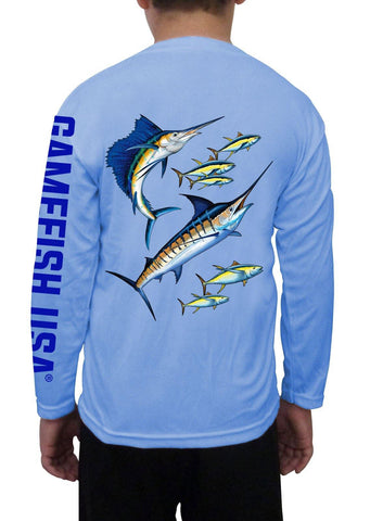Image of Kid's UPF 50 Long Sleeve Microfiber Moisture Wicking Performance Fishing Shirt Marlin Tuna Sailfish - Gamefish USA