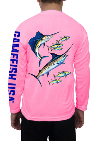 Image of Kid's UPF 50 Long Sleeve Microfiber Moisture Wicking Performance Fishing Shirt Marlin Tuna Sailfish - Gamefish USA