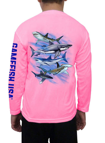 Image of Kid's UPF 50 Long Sleeve Microfiber Moisture Wicking Performance Fishing Shirt Sharks - Gamefish USA