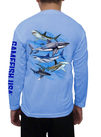 Image of Kid's UPF 50 Long Sleeve Microfiber Moisture Wicking Performance Fishing Shirt Sharks - Gamefish USA