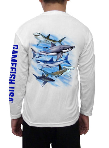 Image of Kid's UPF 50 Long Sleeve Microfiber Moisture Wicking Performance Fishing Shirt Sharks - Gamefish USA