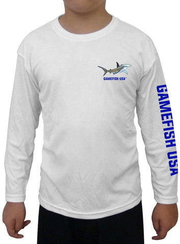 Image of Kid's UPF 50 Long Sleeve Microfiber Moisture Wicking Performance Fishing Shirt Sharks - Gamefish USA