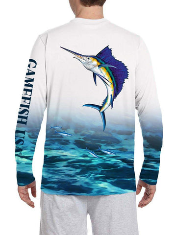 Image of Men's UPF 50 Long Sleeve All Over Print Performance Fishing Shirt Sailfish - Gamefish USA