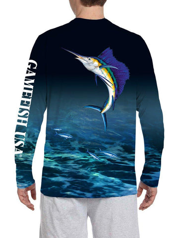 Image of Men's UPF 50 Long Sleeve All Over Print Performance Fishing Shirt Sailfish - Gamefish USA