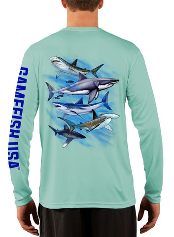 Image of Men's UPF 50 Long Sleeve Microfiber Moisture Wicking Performance Fishing Shirt Sharks - Gamefish USA