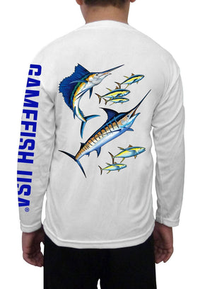 Kid's UPF 50 Long Sleeve Microfiber Moisture Wicking Performance Fishing Shirt Marlin Tuna Sailfish