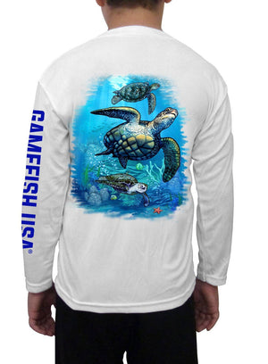 Kid's UPF 50 Long Sleeve Microfiber Moisture Wicking Performance Fishing Shirt Turtles