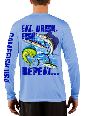 Men's UPF 50 Long Sleeve Microfiber Moisture Wicking Performance Fishing Shirt Gamefish Repeat