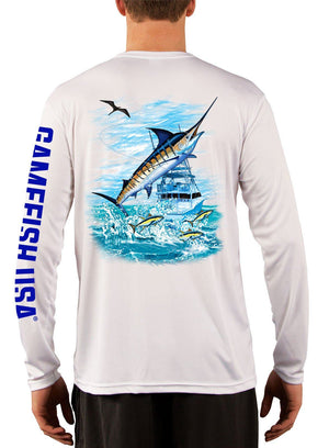 Men's UPF 50 Long Sleeve Microfiber Moisture Wicking Performance Fishing Shirt Marlin - Gamefish USA