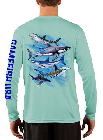 Men's UPF 50 Long Sleeve Microfiber Moisture Wicking Performance Fishing Shirt Sharks - Gamefish USA
