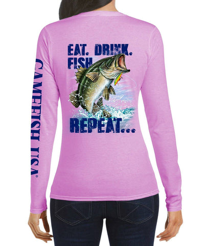 Image of Women's UPF 50 Lightweight Microfiber Moisture Wicking Performance Fishing Shirt EAT DRINK FISH - Gamefish USA