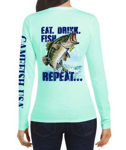 Image of Women's UPF 50 Lightweight Microfiber Moisture Wicking Performance Fishing Shirt EAT DRINK FISH - Gamefish USA